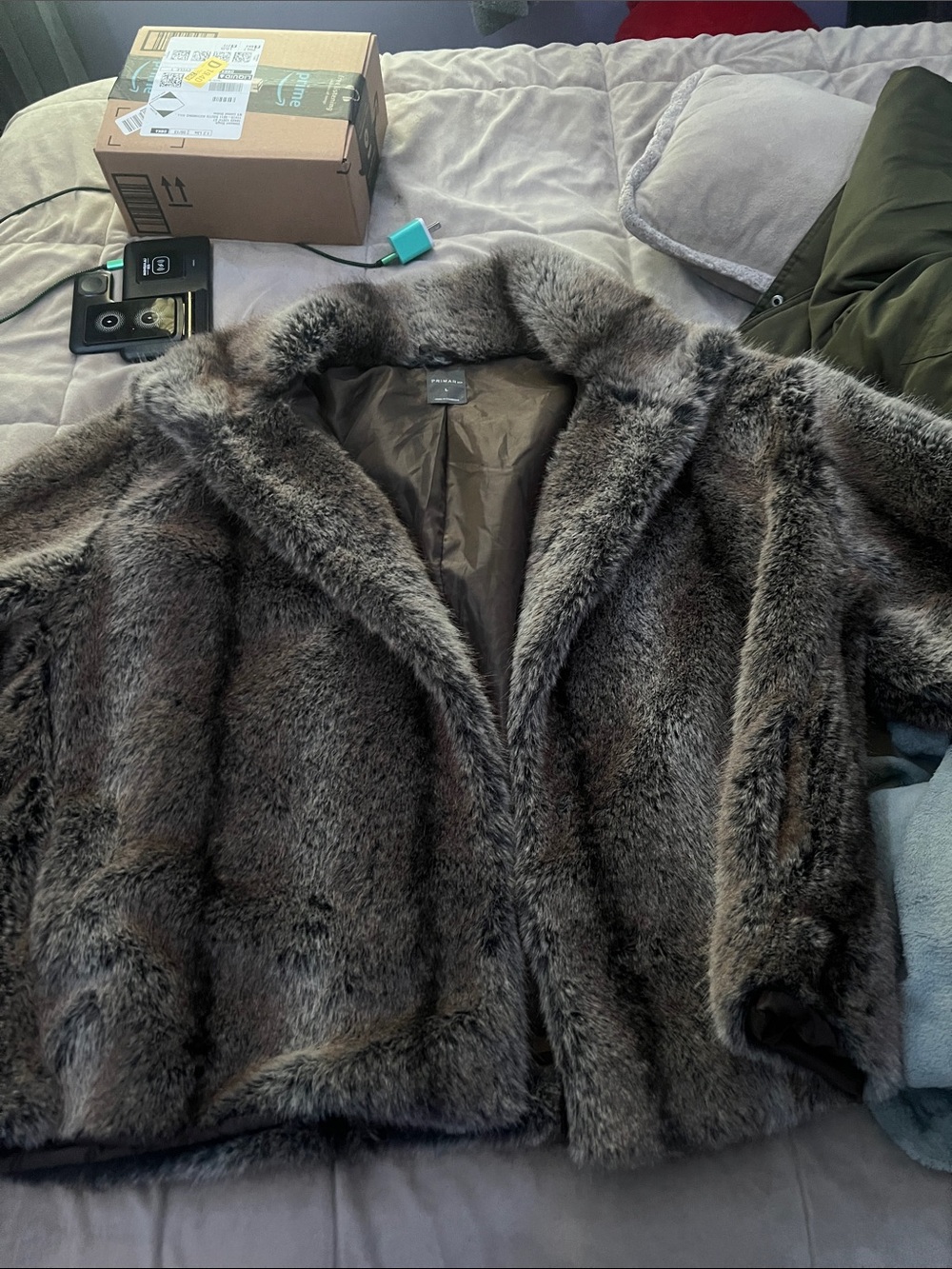 Primark Women's Faux Fur Teddy Jacket in Gray Brown